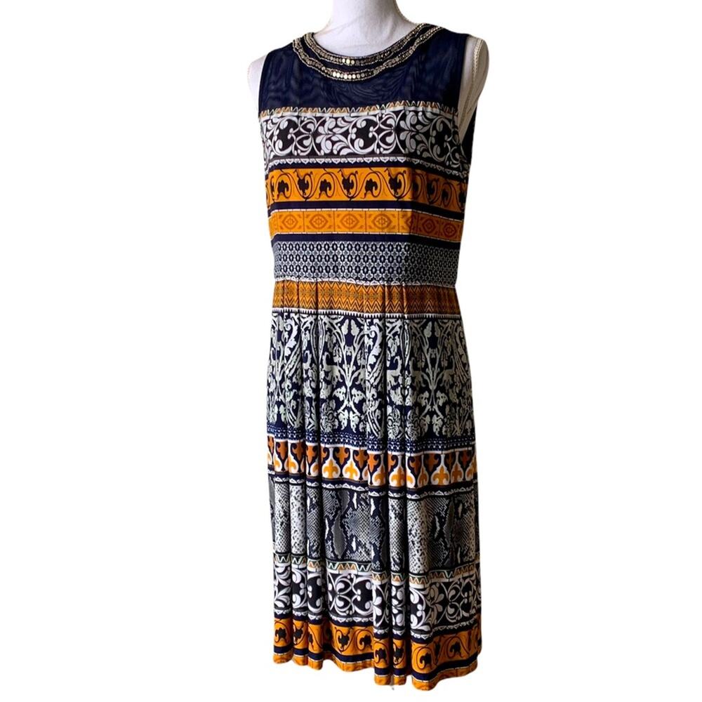 Sandra Darren mesh beaded jersey dress tribal fleur de lis floral geo print 12